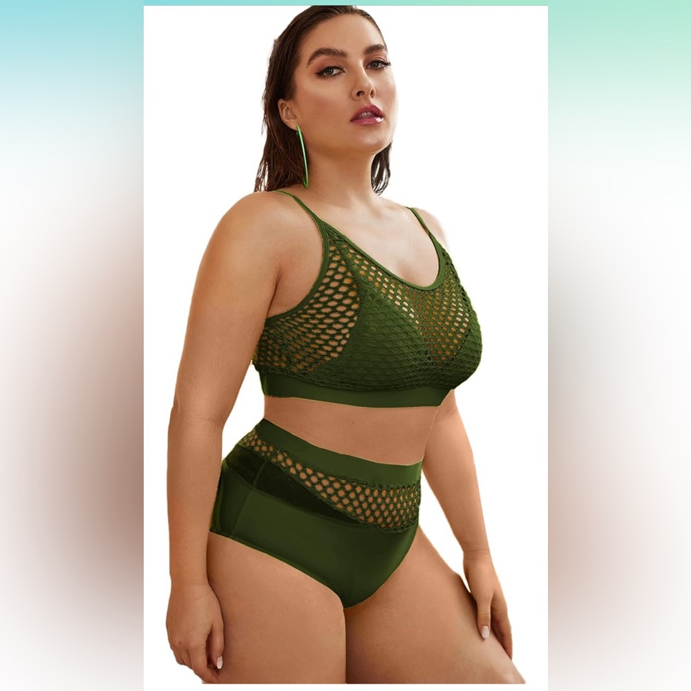 Olive Green Mesh High-Waist Bikini Set - Women Swim